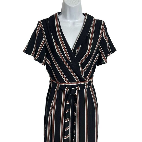 June & Hudson Striped Jumpsuit Womens Size S Black Belted Zip Side - Picture 2 of 7